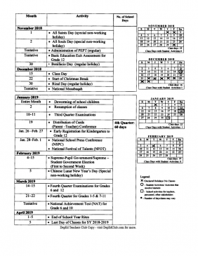 School Calendar for School Year 2018-2019