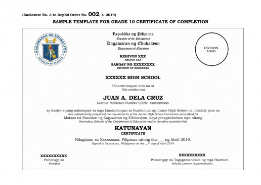 Grade 10 Certificate of Completion