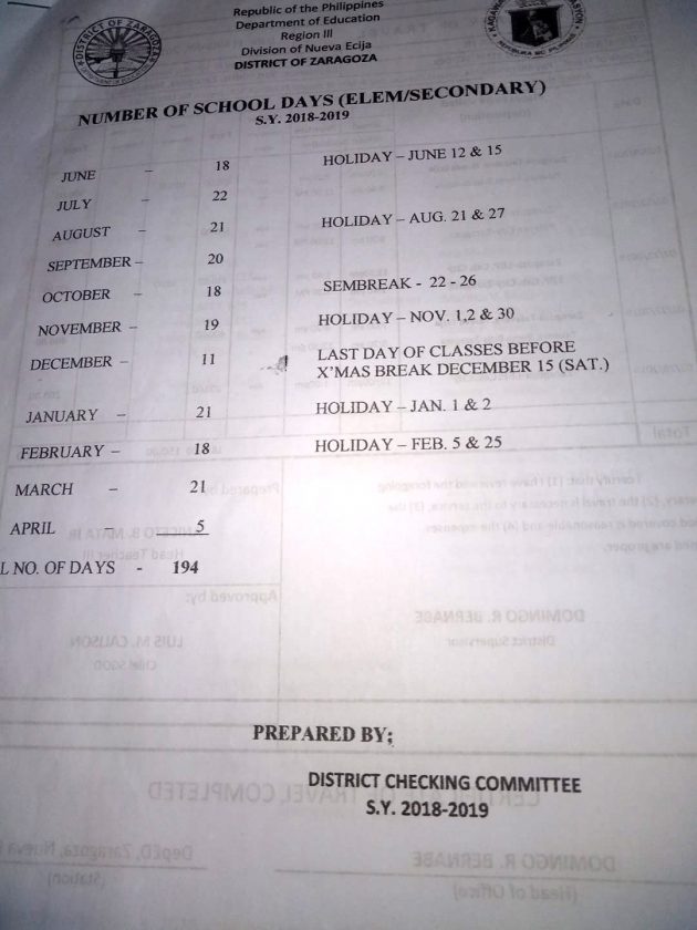 UPDATE: DepEd Number of School Days per Month for SY 2018 - 2019 with