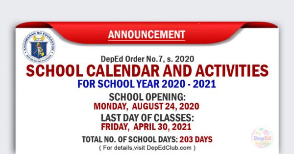 Deped School Calendar And Activities For School Year 2020 2021