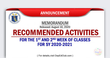 School Activities for the 1st and 2nd Week of Classes for SY 2020-2021